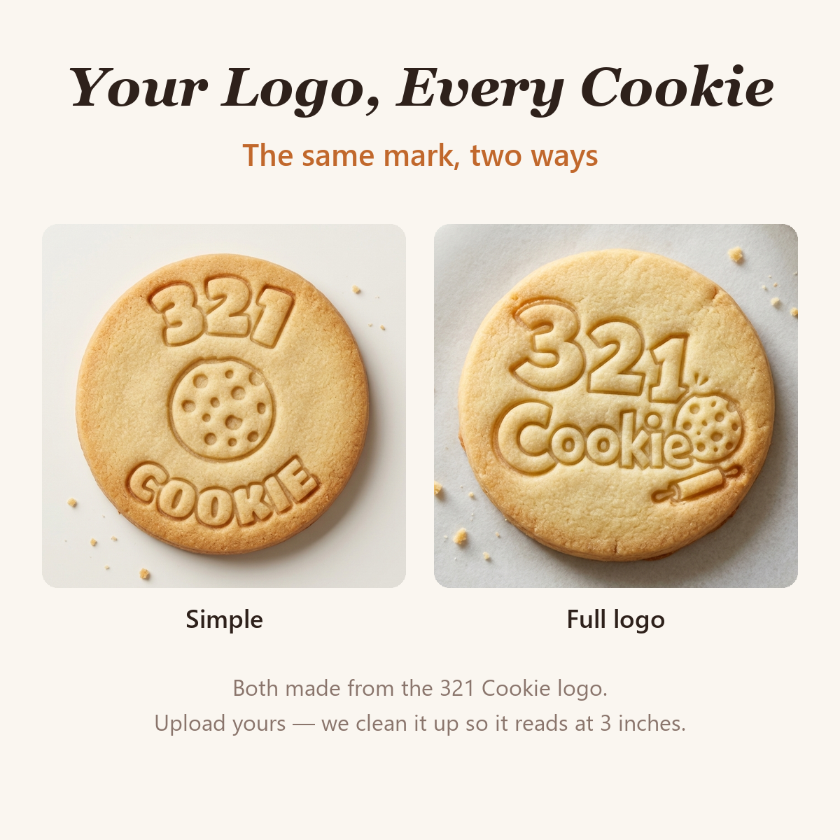 Two baked cookies stamped with the 321 Cookie logo: a simple version with curved 321 and COOKIE around a cookie, and the full logo