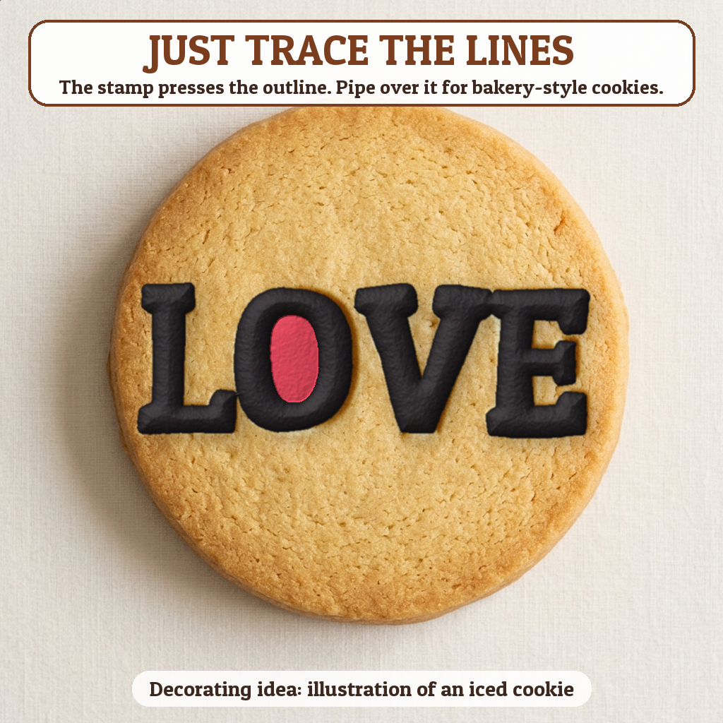 Love cookie traced with icing, iced decorating idea