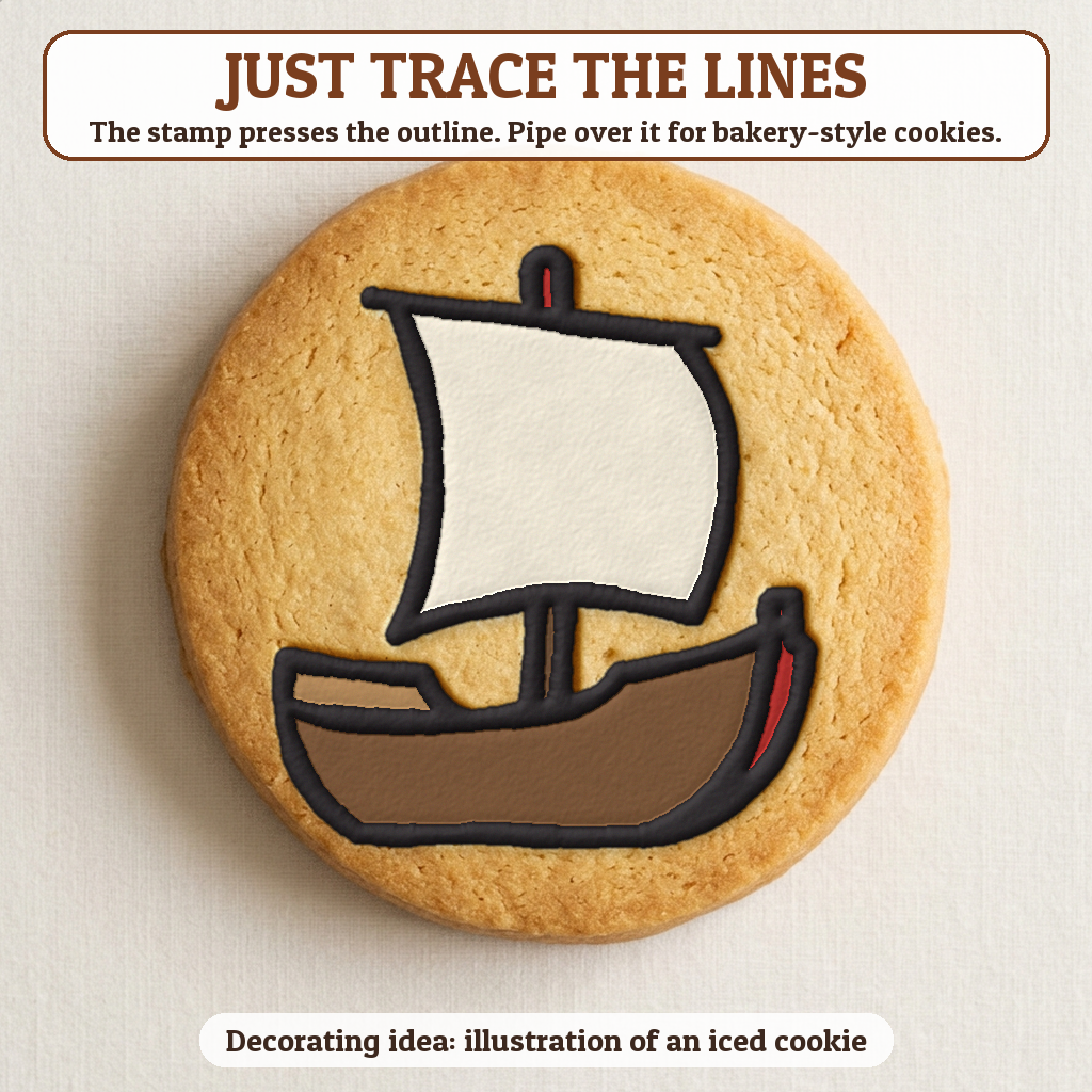 Mayflower Ship cookie traced with icing, iced decorating idea