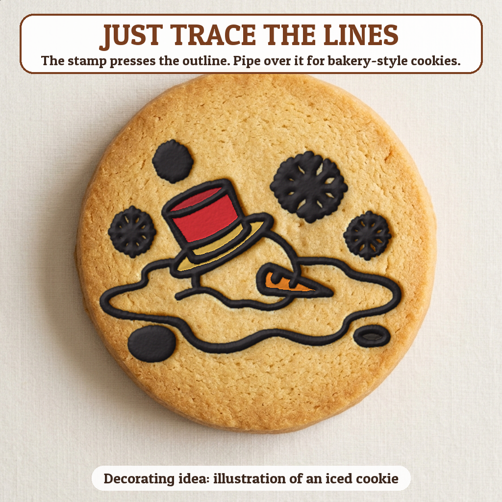 Melting Snowman cookie traced with icing, iced decorating idea
