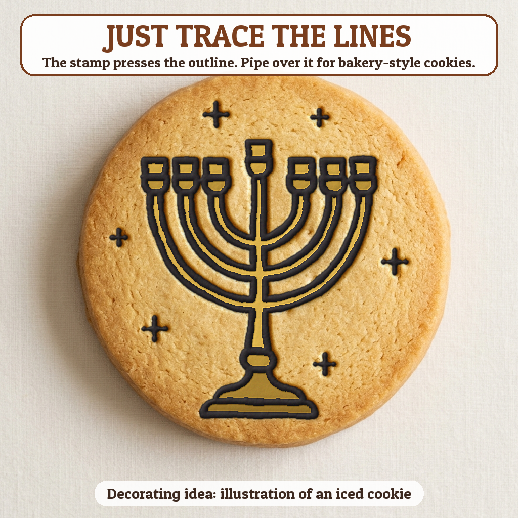 Menorah cookie traced with icing, iced decorating idea