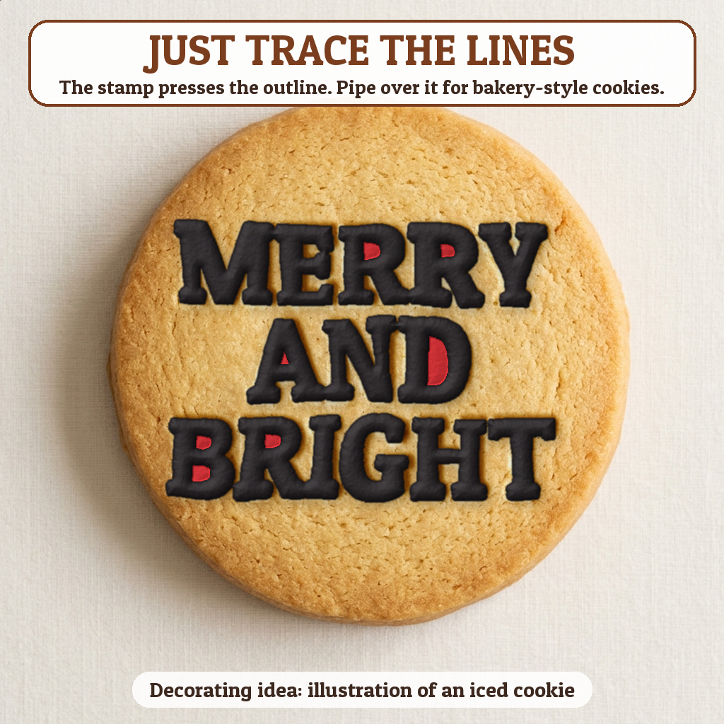 Merry and Bright cookie traced with icing, iced decorating idea