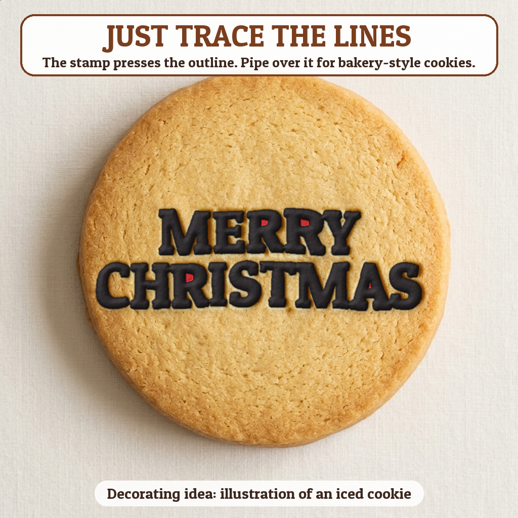Merry Christmas cookie traced with icing, iced decorating idea