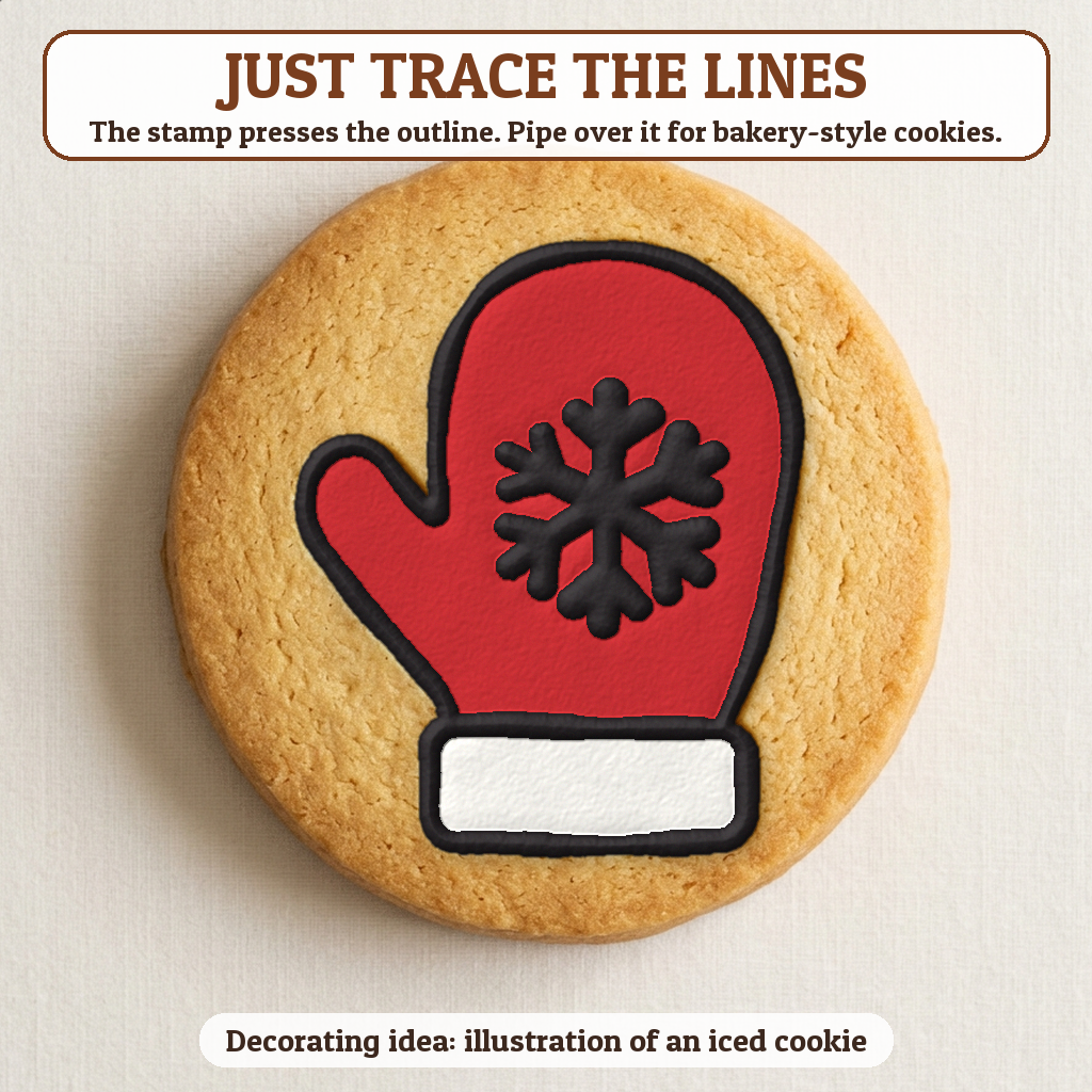 Mitten with a Snowflake cookie traced with icing, iced decorating idea