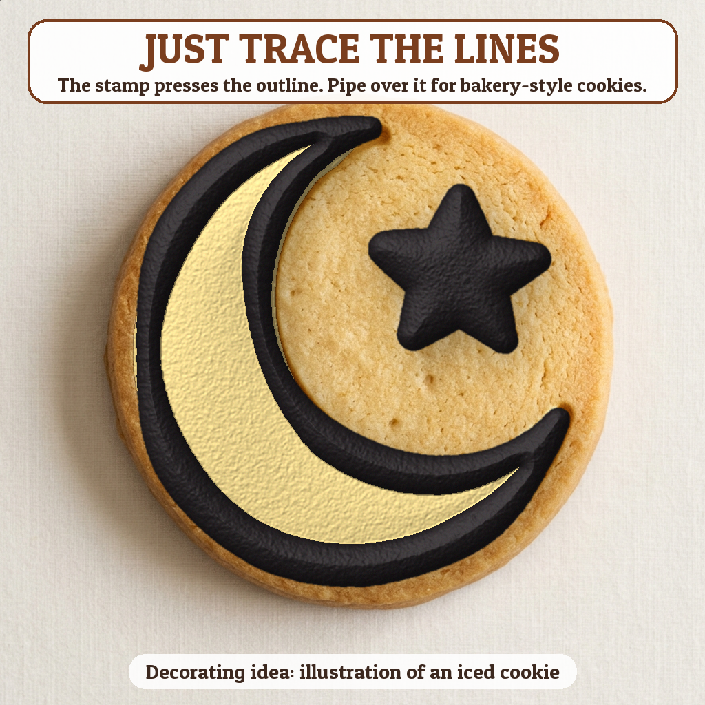 Moon and Stars cookie traced with icing, iced decorating idea