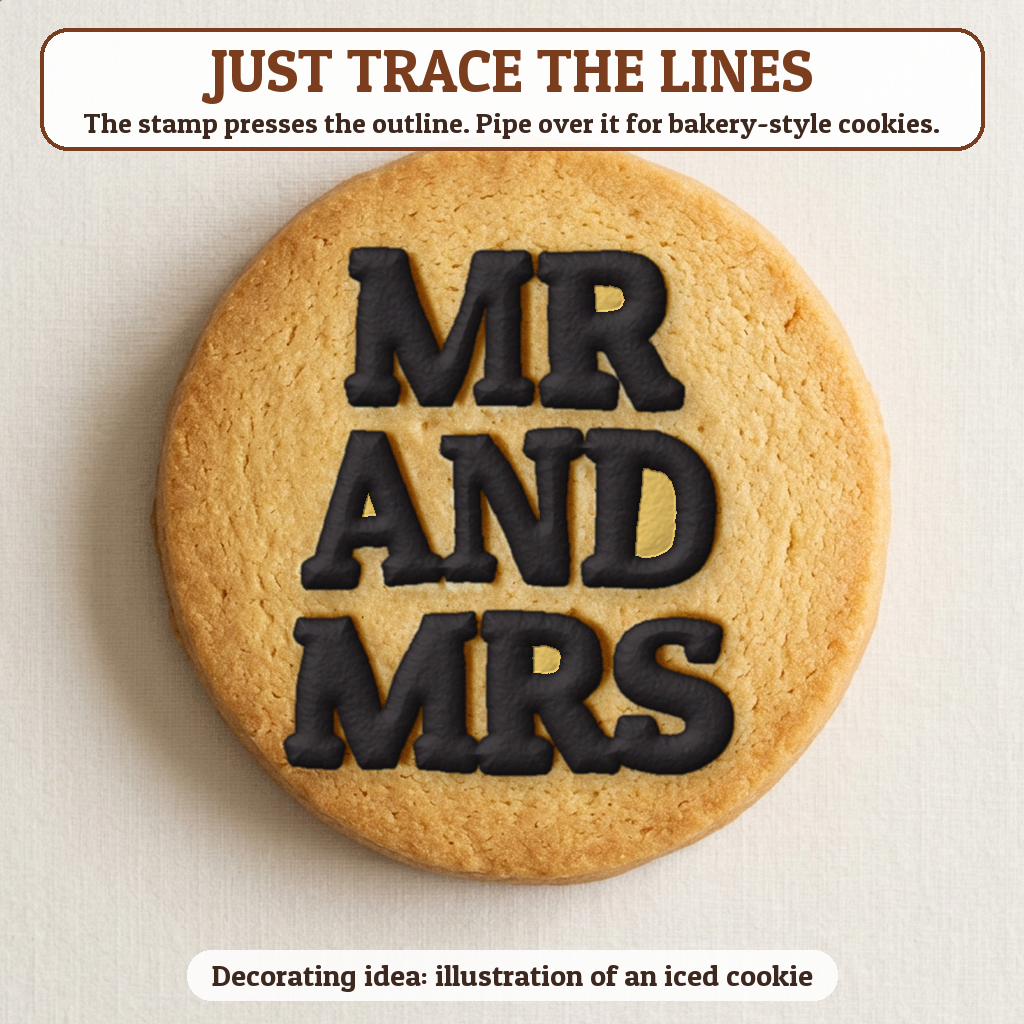 Mr and Mrs cookie traced with icing, iced decorating idea