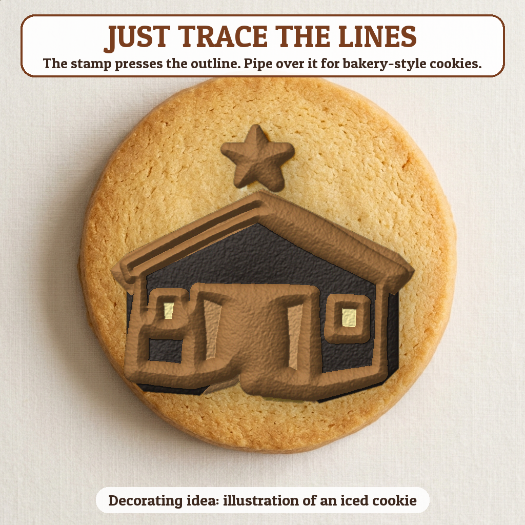 Nativity Stable cookie traced with icing, iced decorating idea