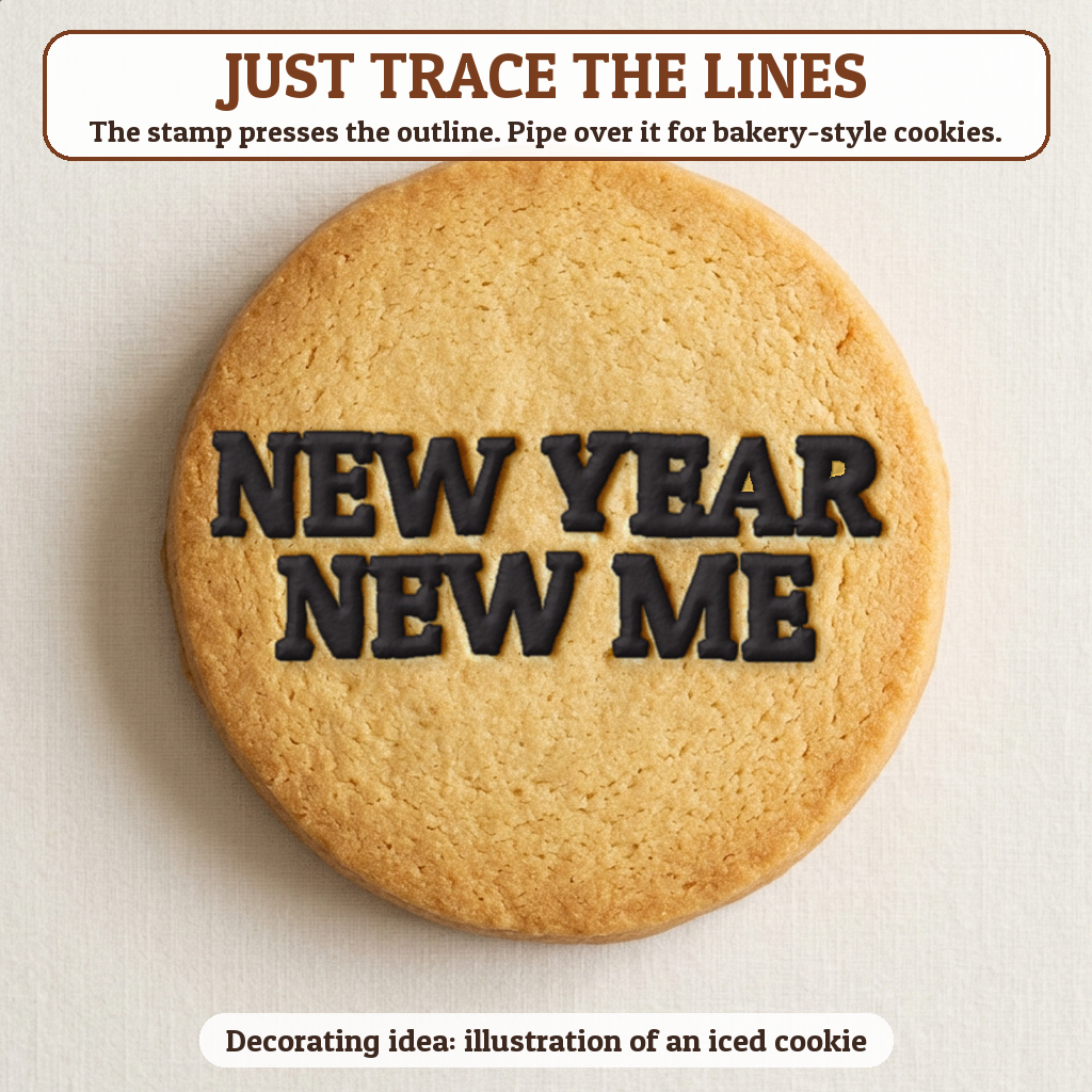 New Year New Me cookie traced with icing, iced decorating idea