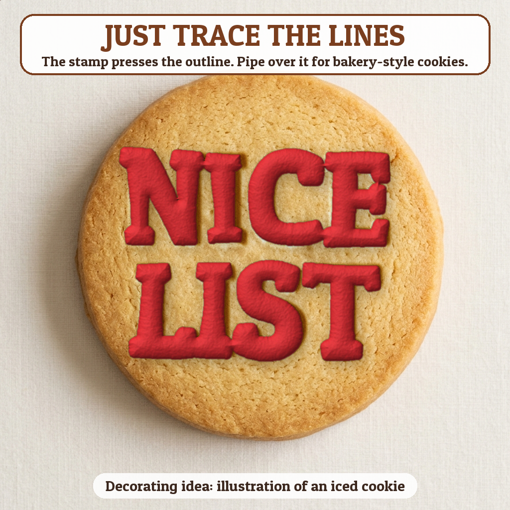 Nice List cookie traced with icing, iced decorating idea