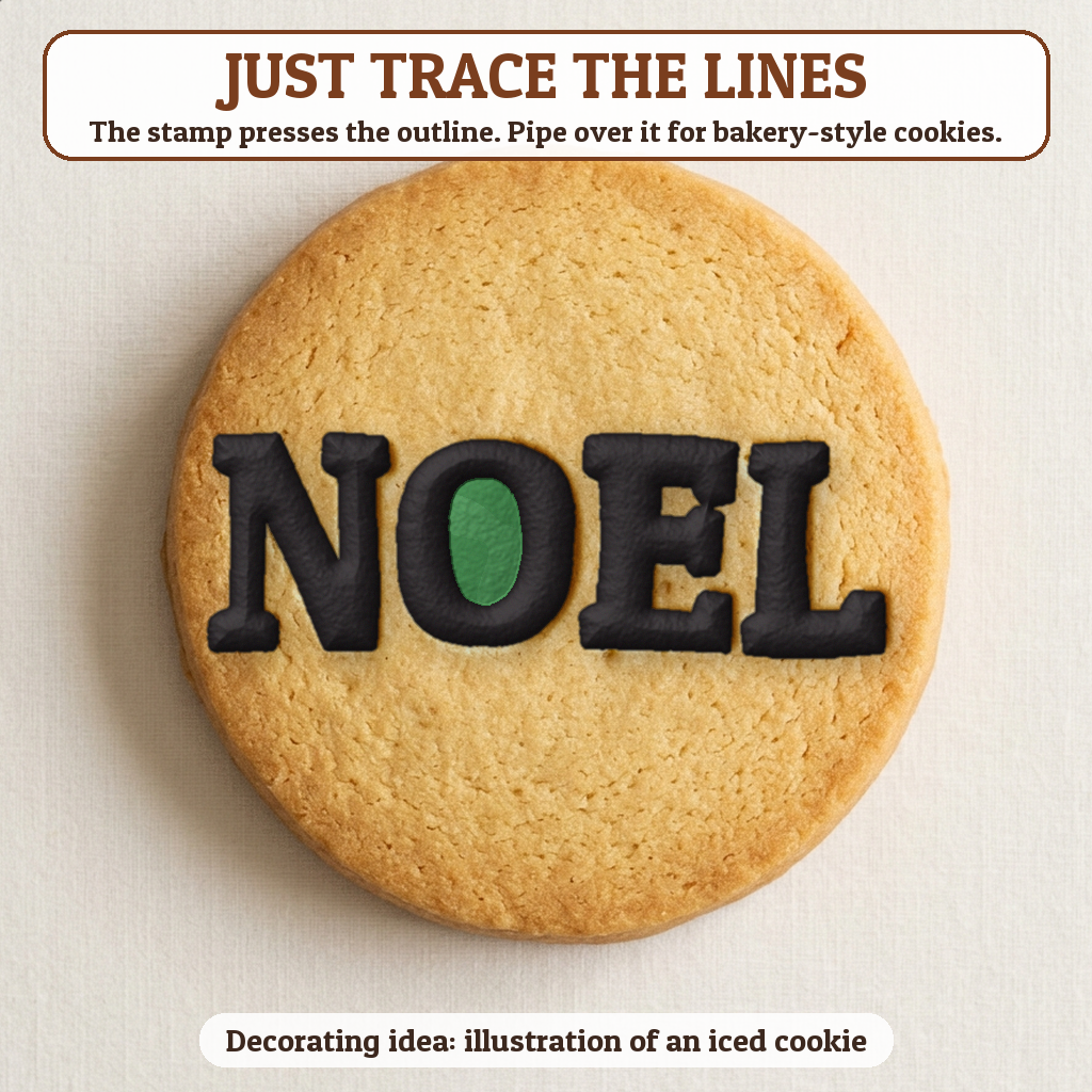 Noel cookie traced with icing, iced decorating idea