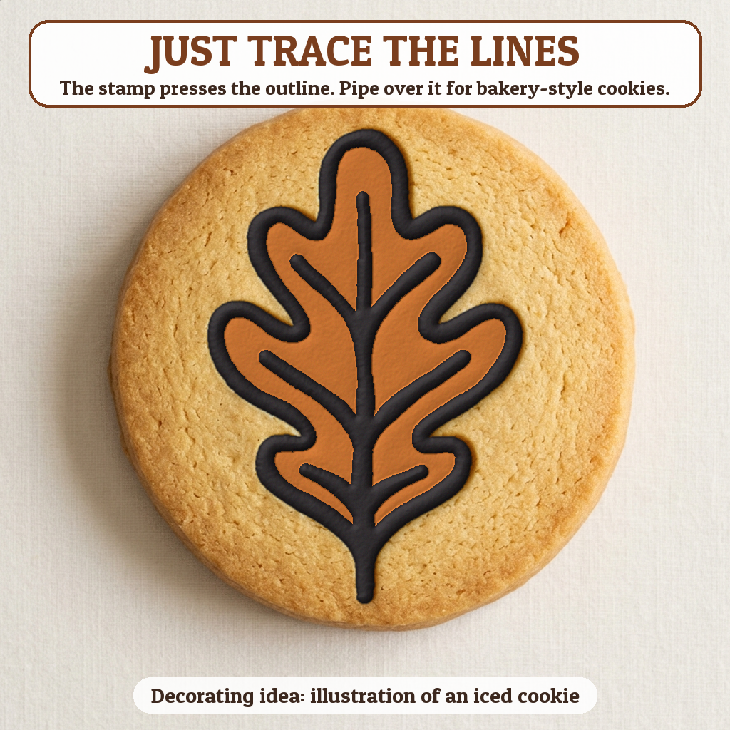Oak Leaf cookie traced with icing, iced decorating idea