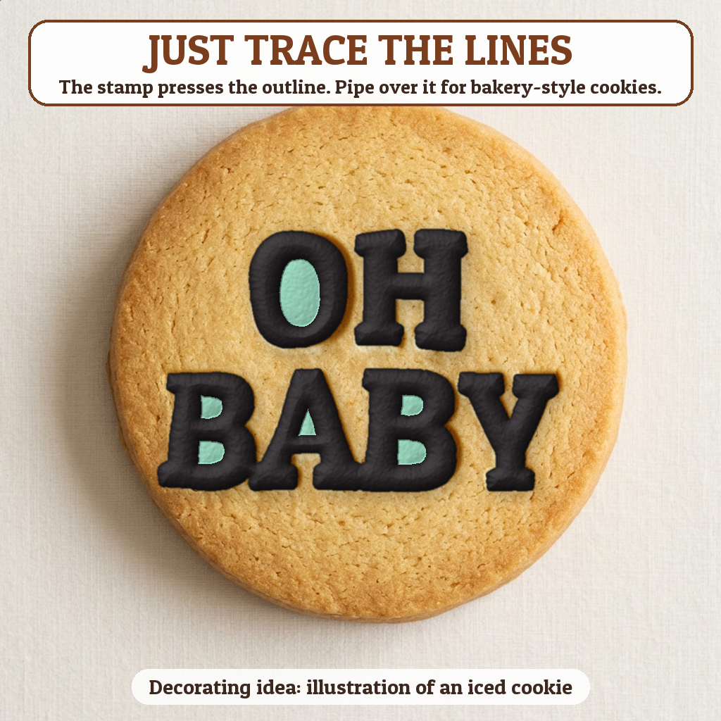 Oh Baby cookie traced with icing, iced decorating idea