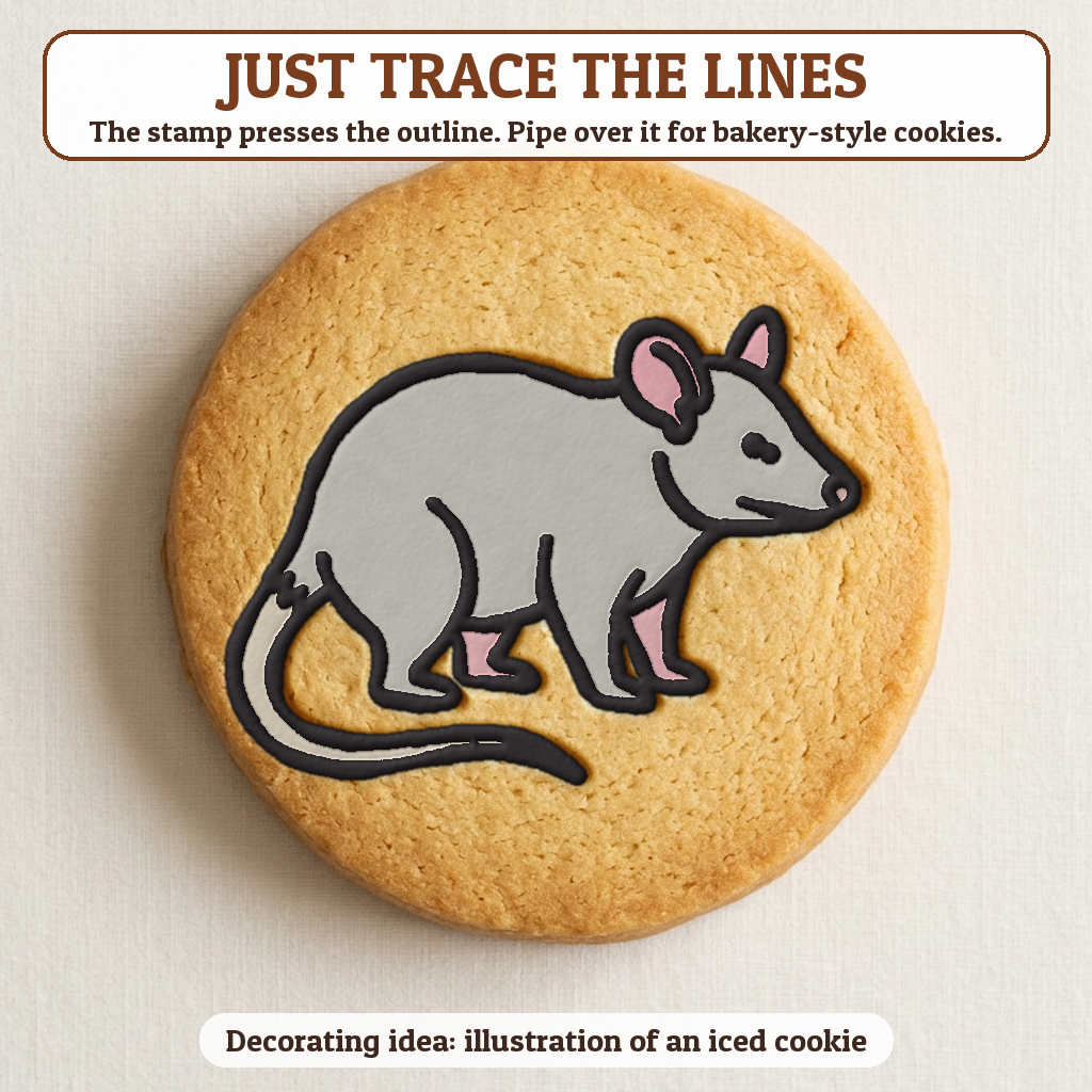 Opossum cookie traced with icing, iced decorating idea