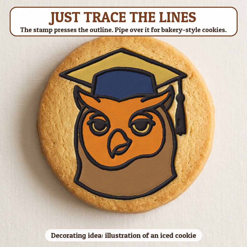 Owl with a Cap cookie traced with icing, iced decorating idea