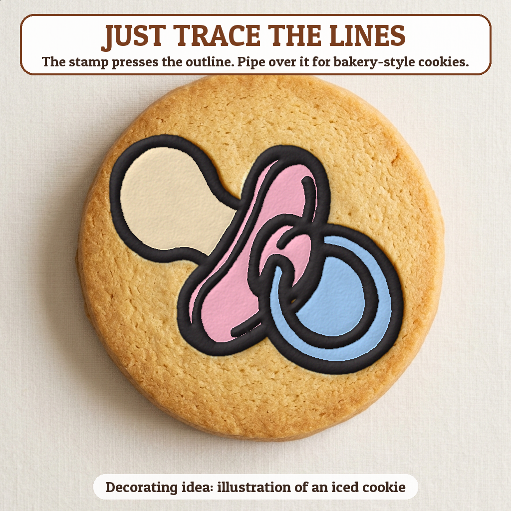 Pacifier cookie traced with icing, iced decorating idea
