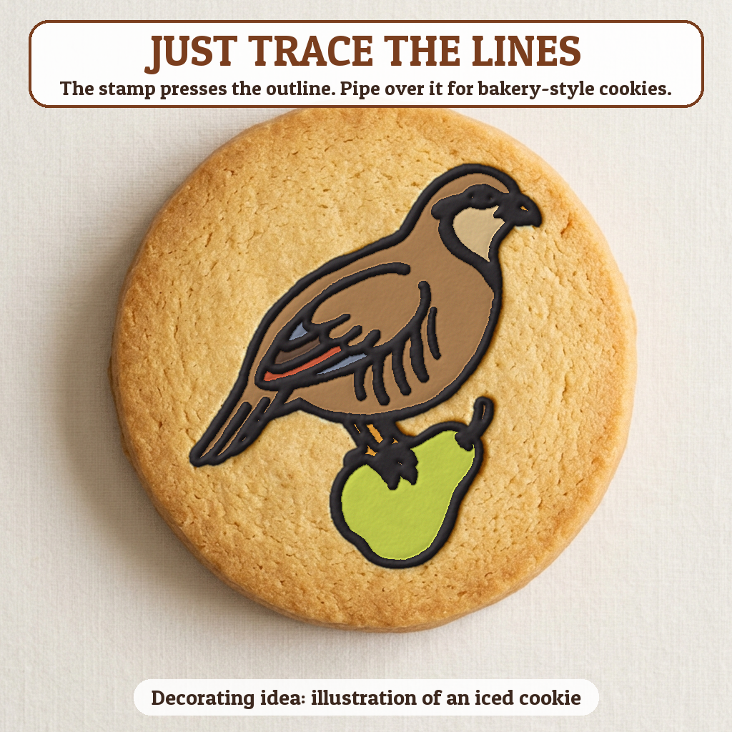 Partridge in a Pear Tree cookie traced with icing, iced decorating idea