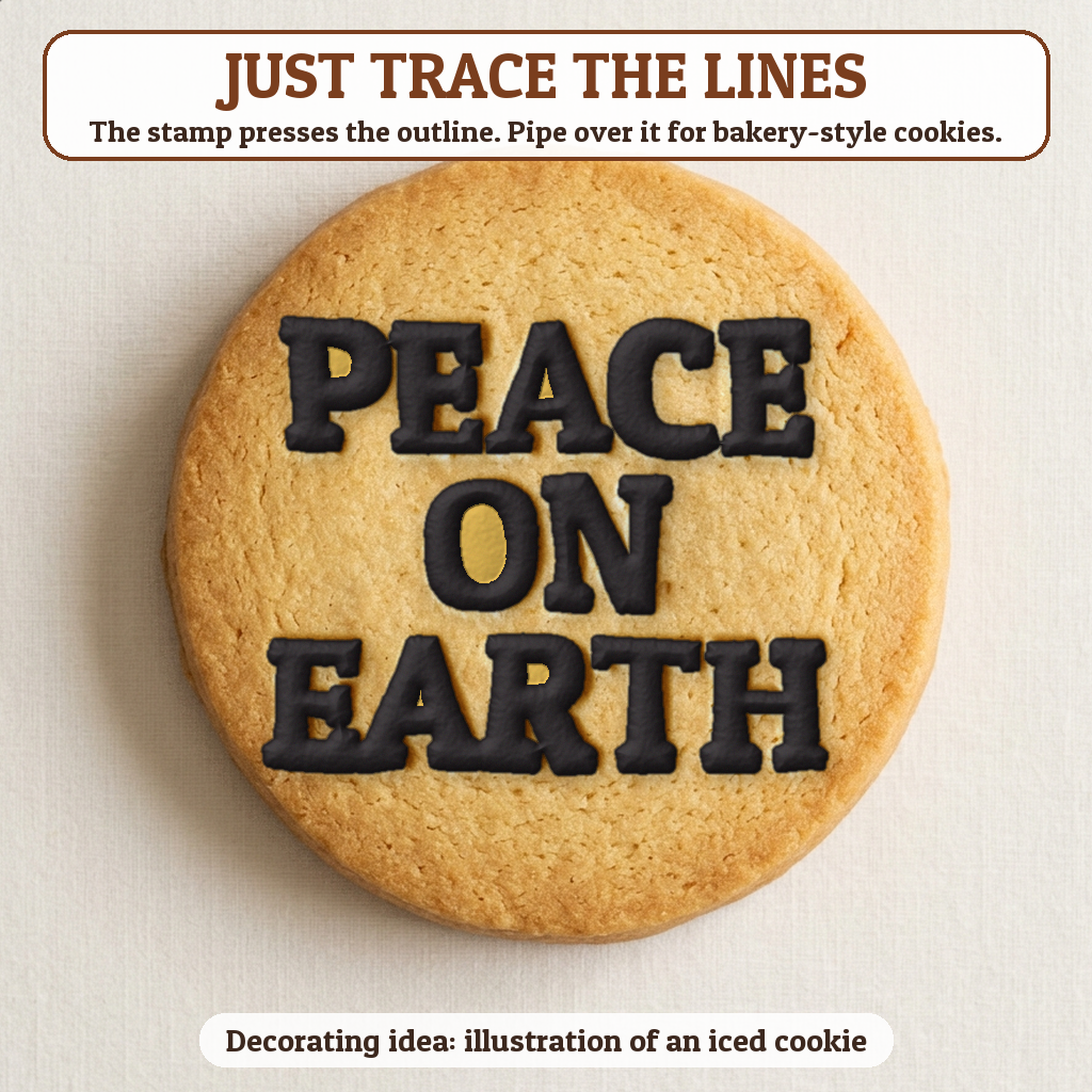 Peace on Earth cookie traced with icing, iced decorating idea