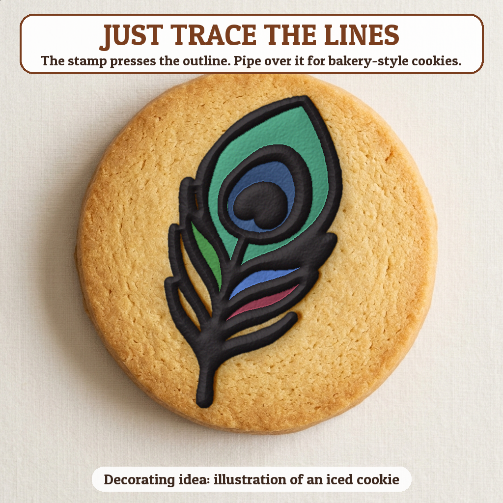 Peacock Feather cookie traced with icing, iced decorating idea