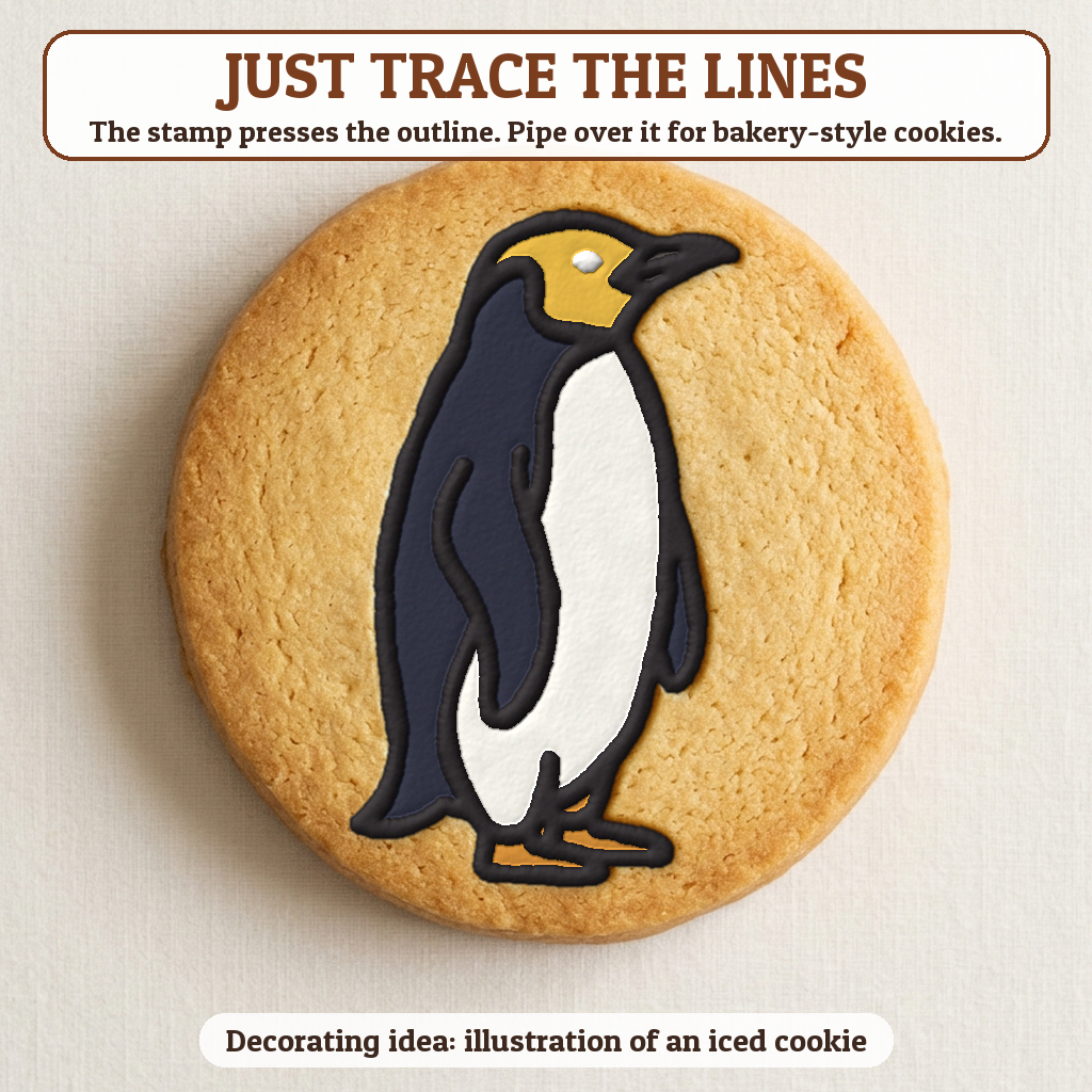Penguin cookie traced with icing, iced decorating idea
