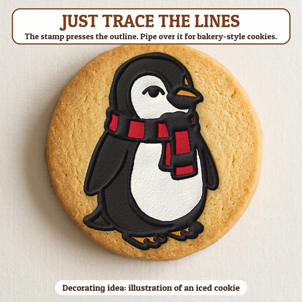 Penguin in a Scarf cookie traced with icing, iced decorating idea