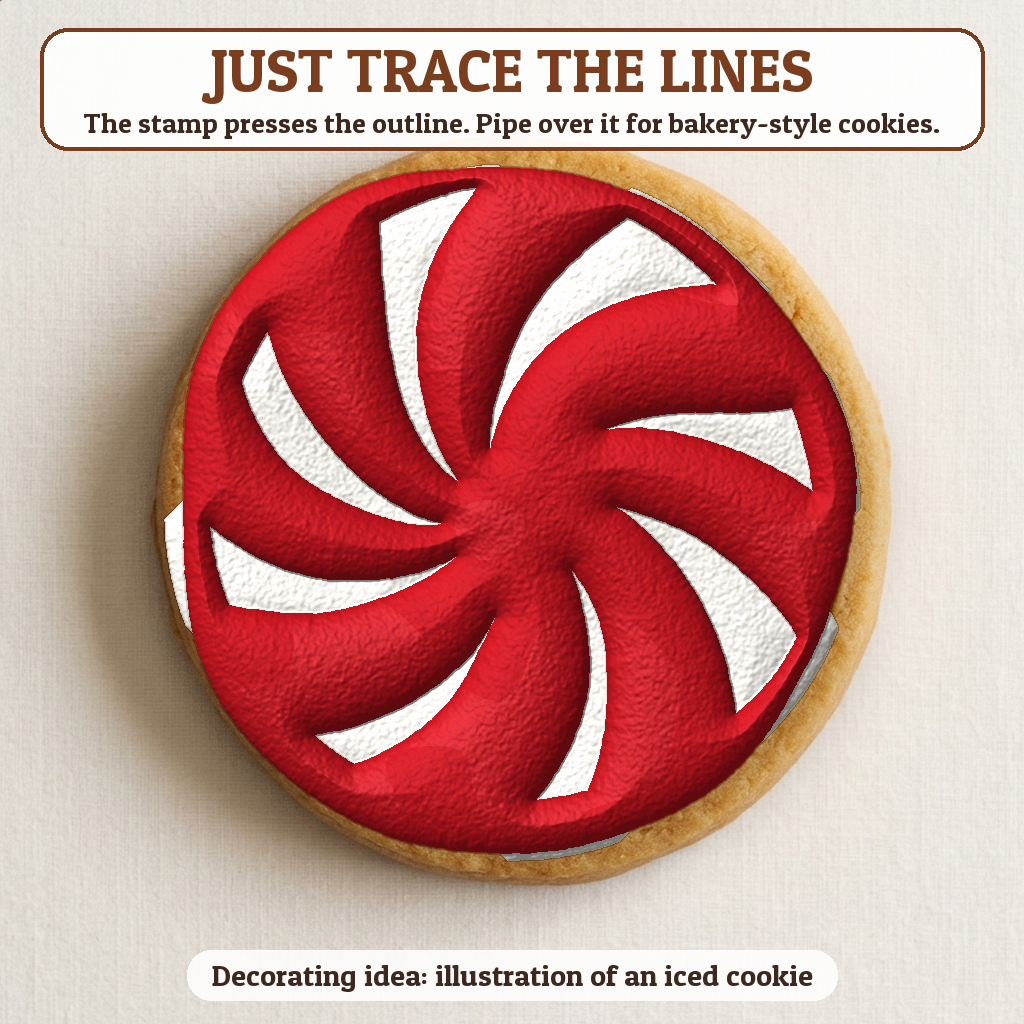 Peppermint Swirl cookie traced with icing, iced decorating idea