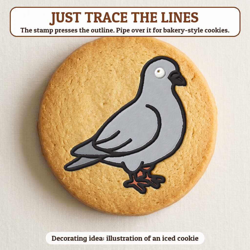 Pigeon cookie traced with icing, iced decorating idea