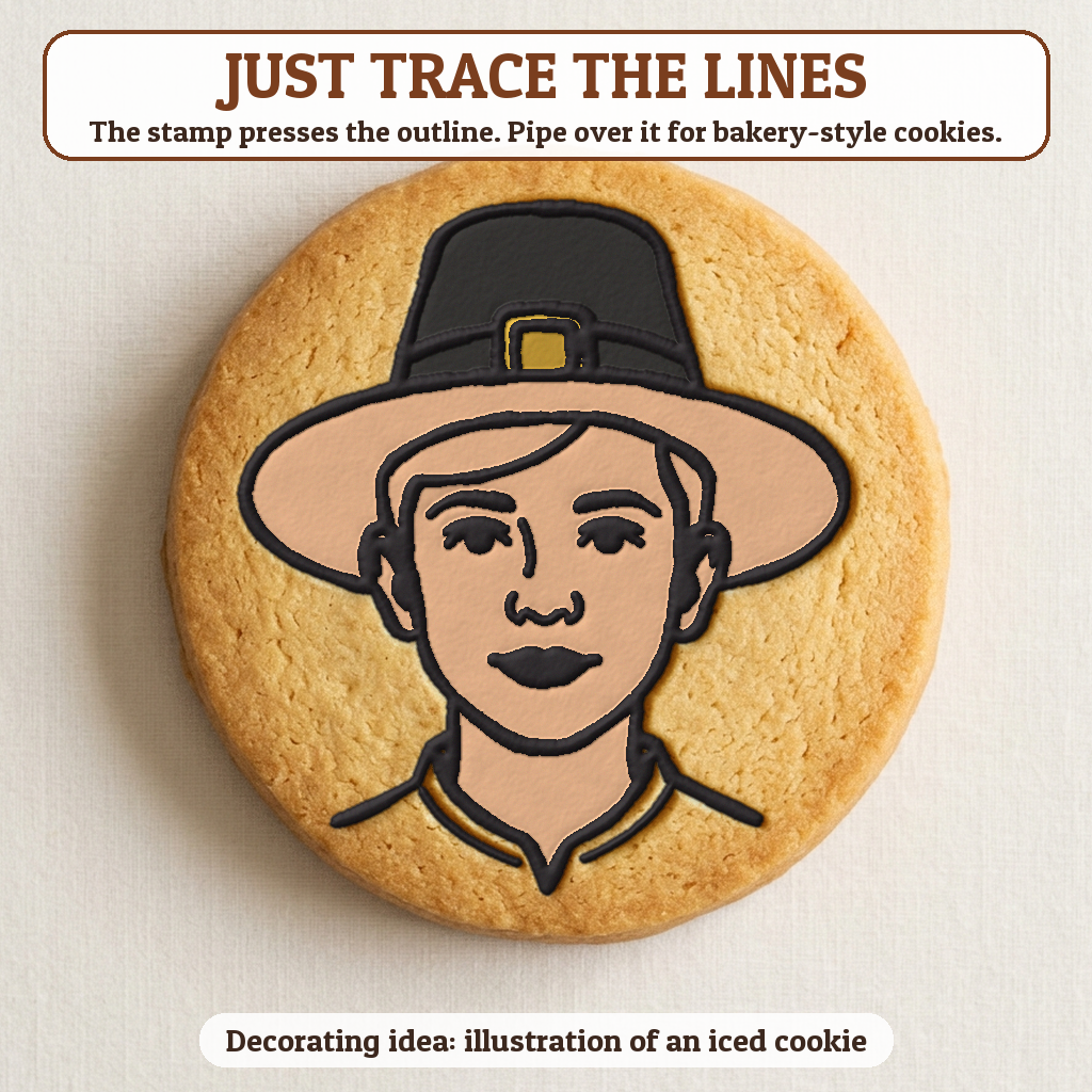 Pilgrim Boy cookie traced with icing, iced decorating idea