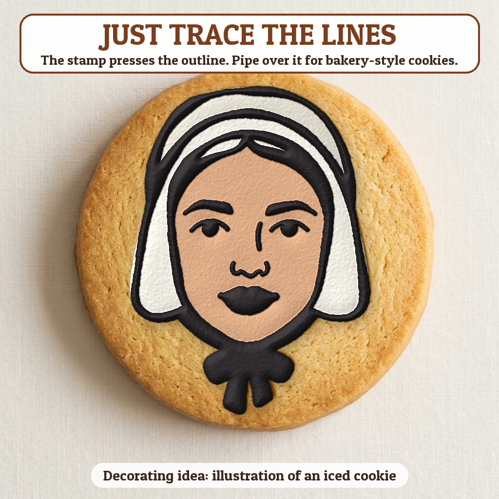 Pilgrim Girl cookie traced with icing, iced decorating idea