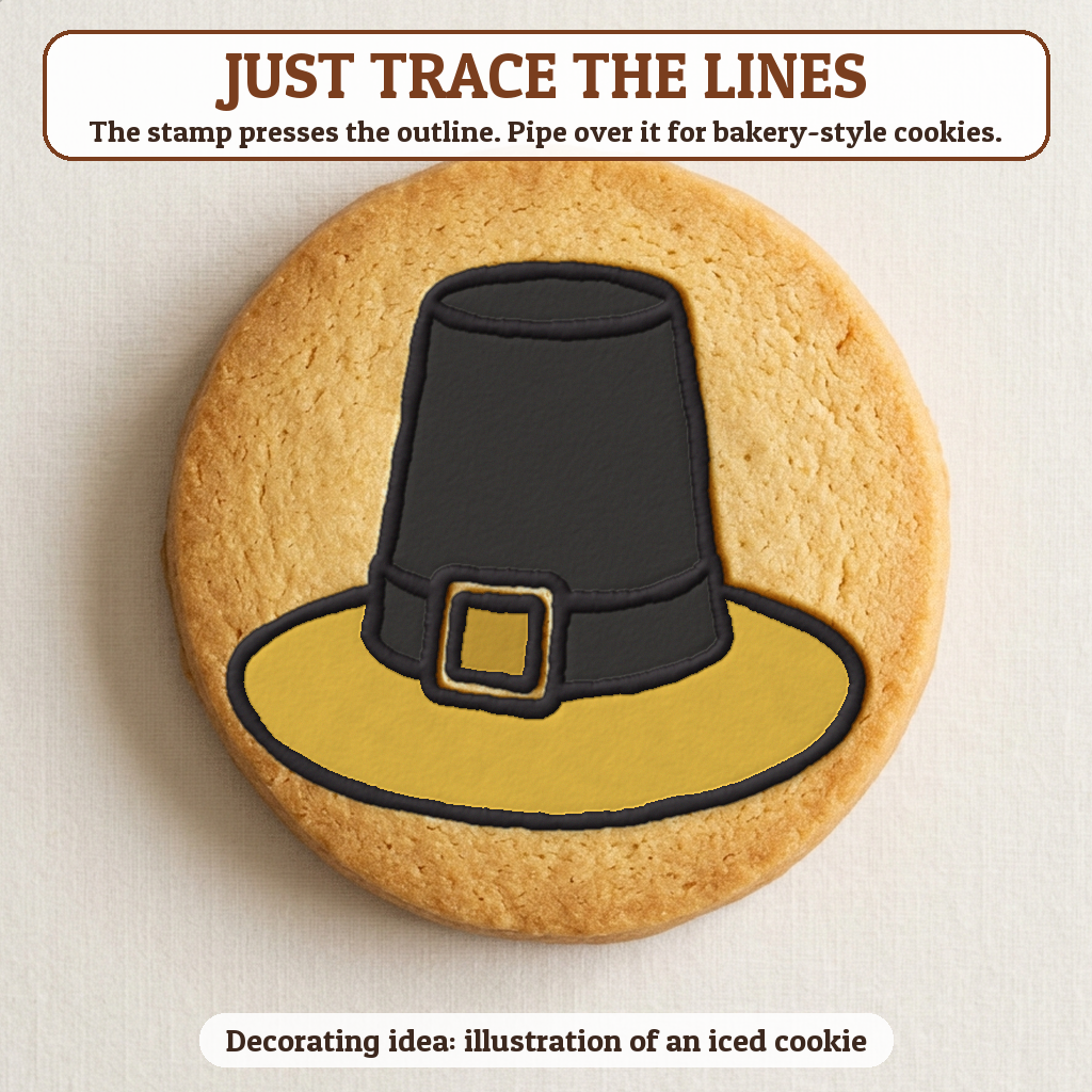 Pilgrim Hat cookie traced with icing, iced decorating idea