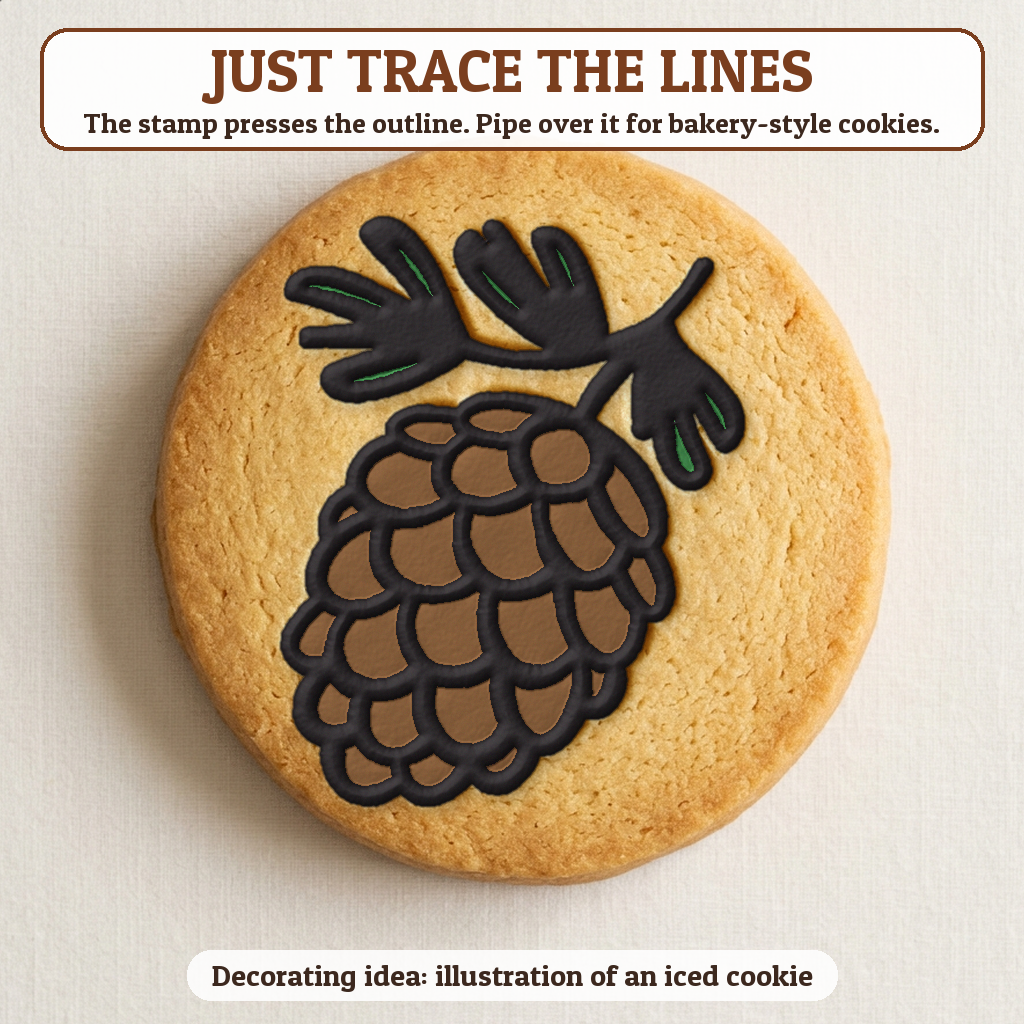 Pinecone and Pine cookie traced with icing, iced decorating idea