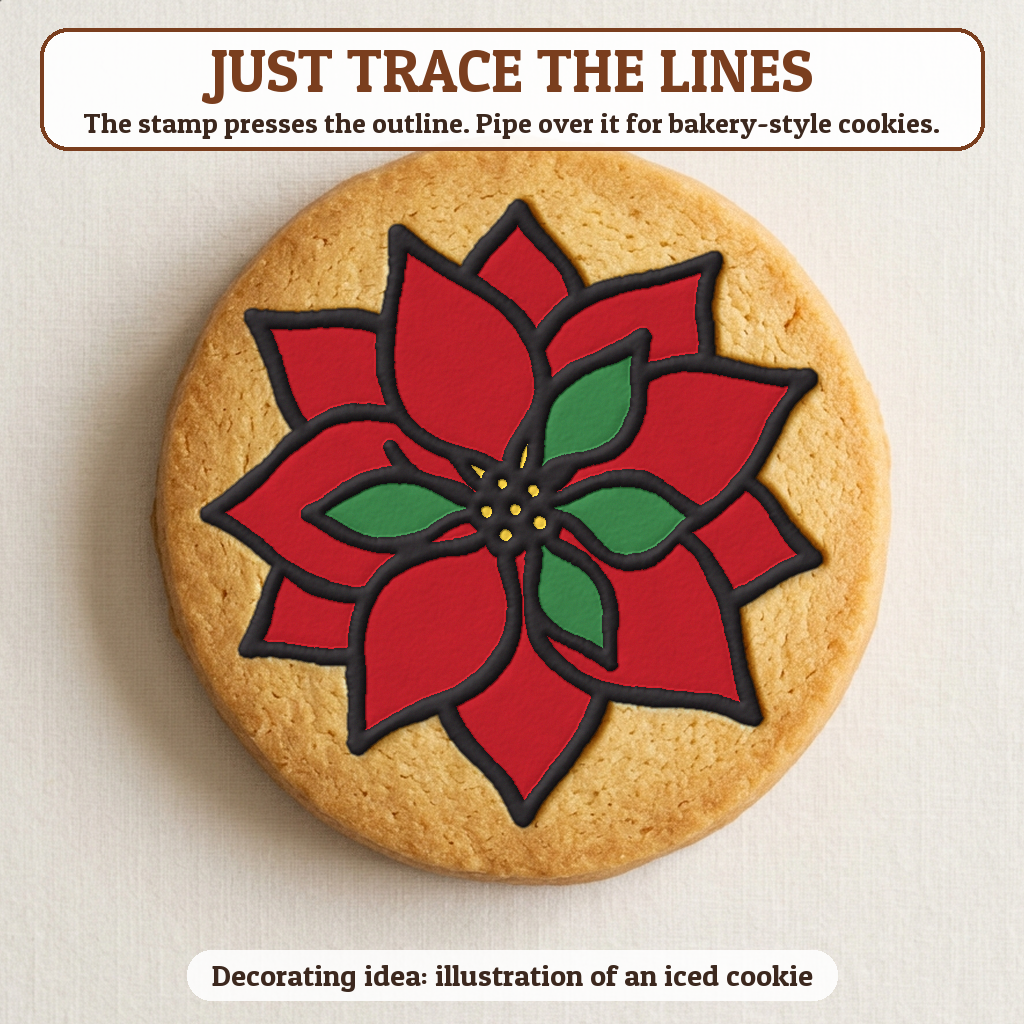 Poinsettia cookie traced with icing, iced decorating idea