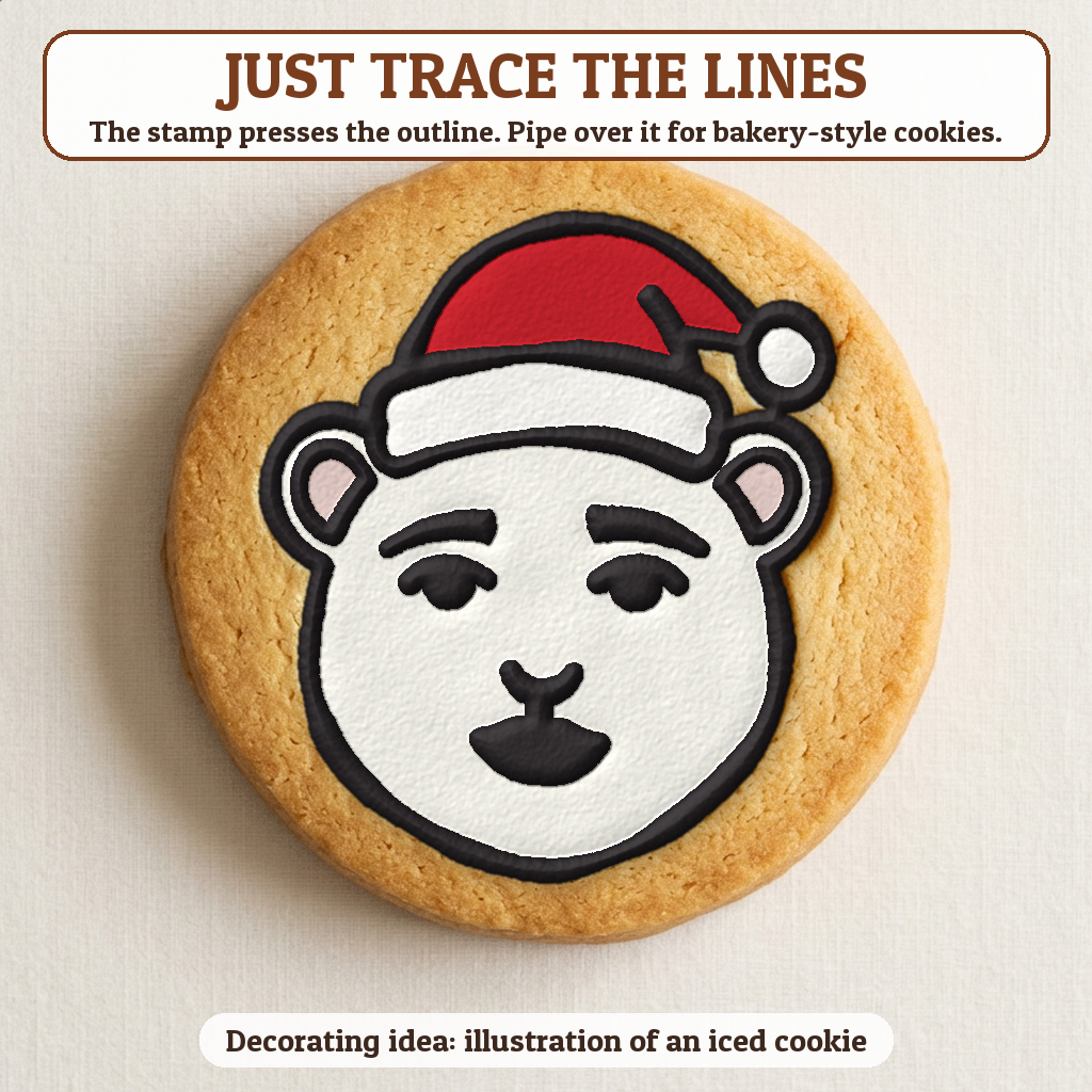 Polar Bear in a Santa Hat cookie traced with icing, iced decorating idea