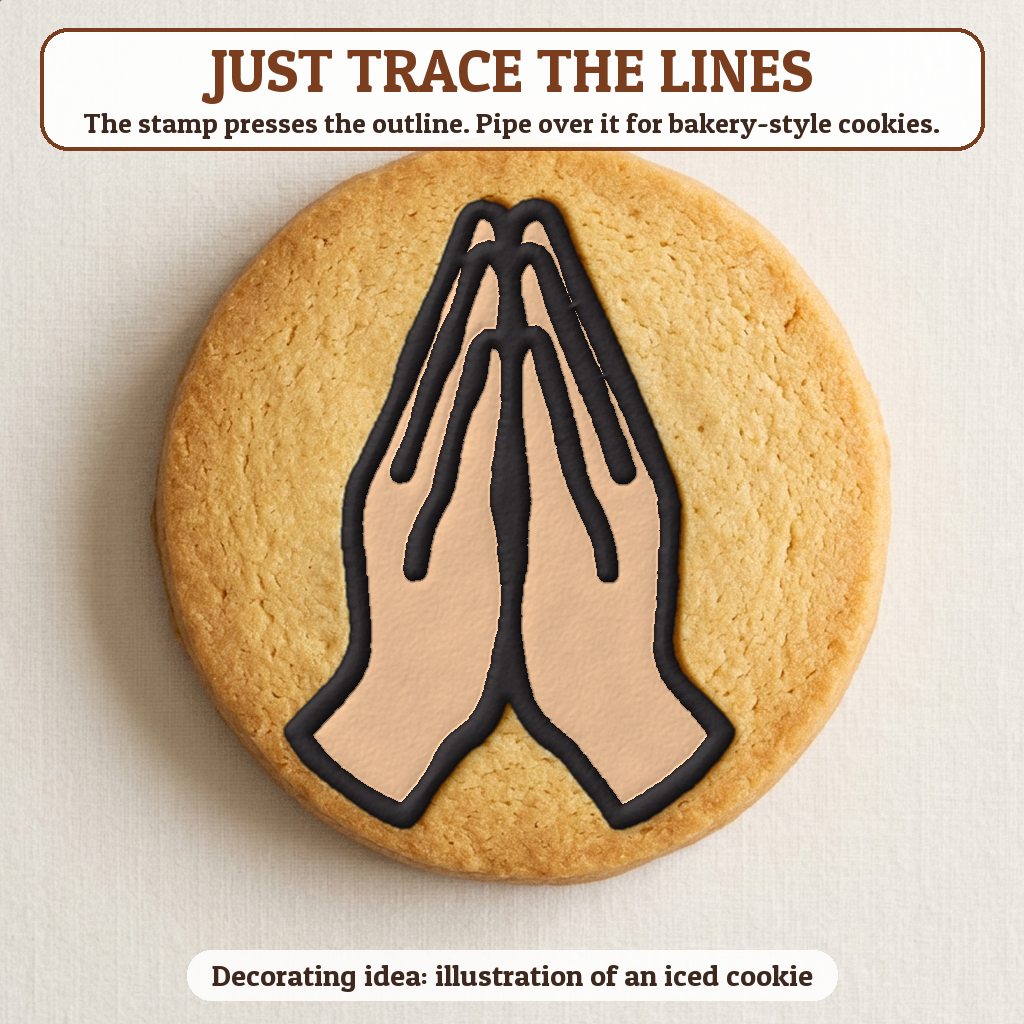 Praying Hands cookie traced with icing, iced decorating idea