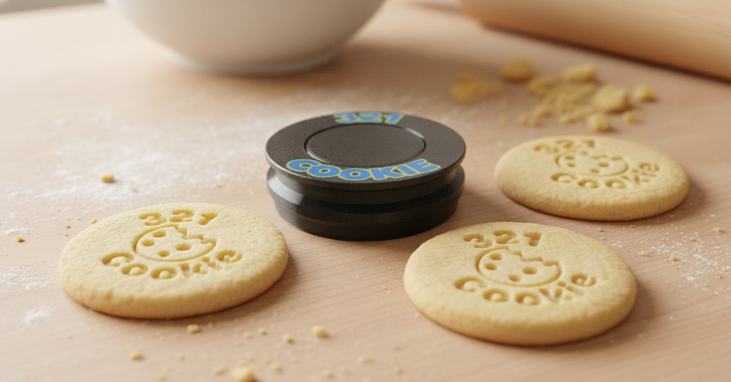 The 321 Cookie Press next to baked cookies stamped with a custom logo
