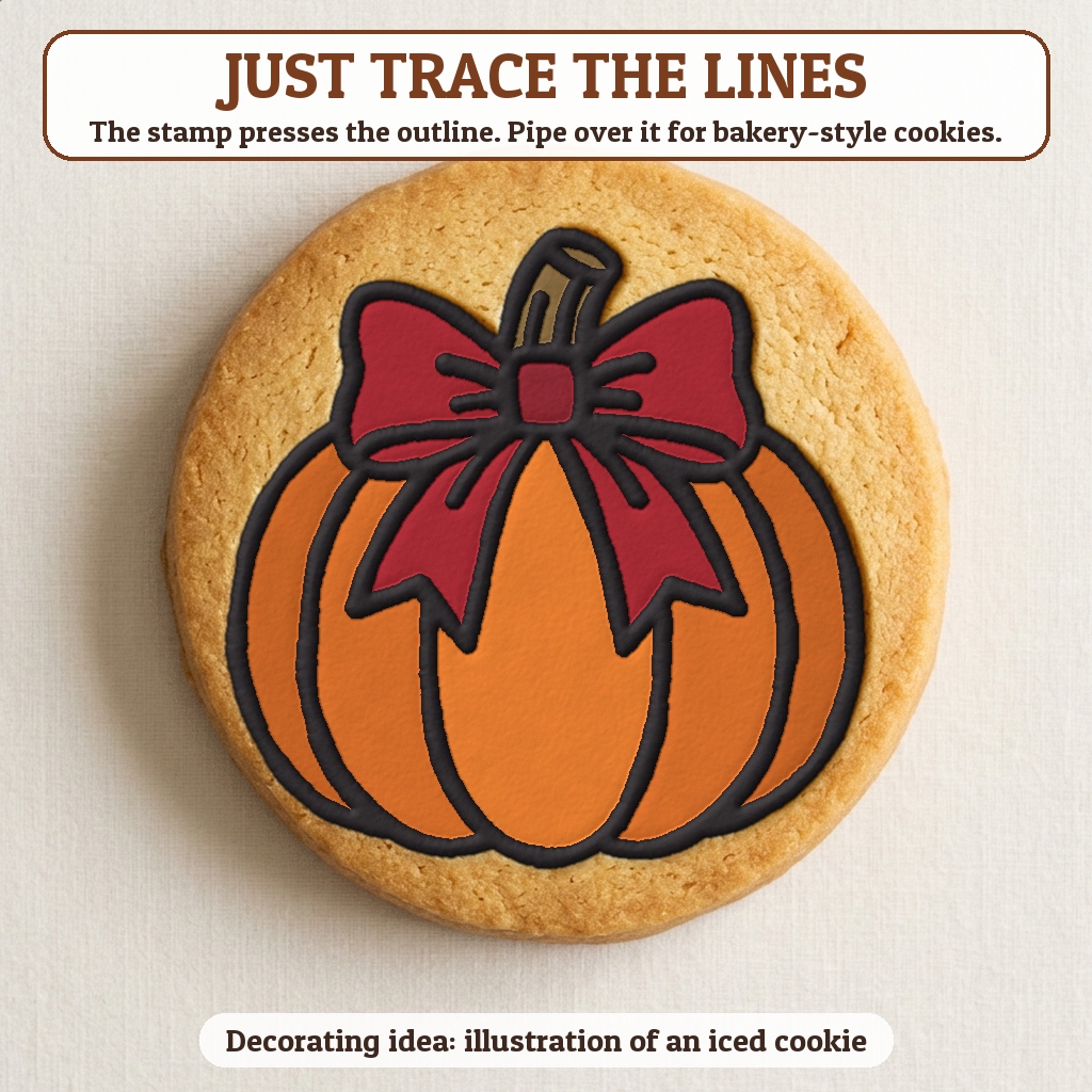 Pumpkin with a Bow cookie traced with icing, iced decorating idea