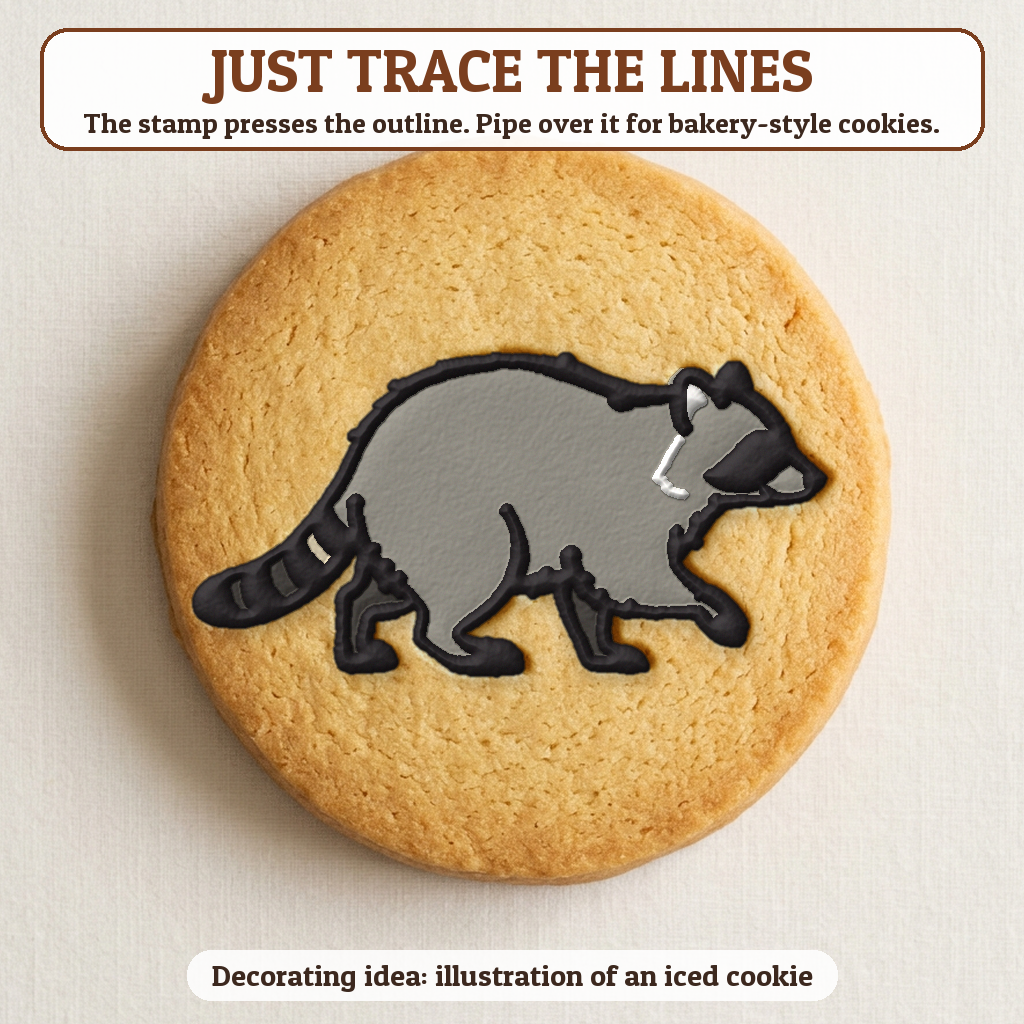 Raccoon cookie traced with icing, iced decorating idea