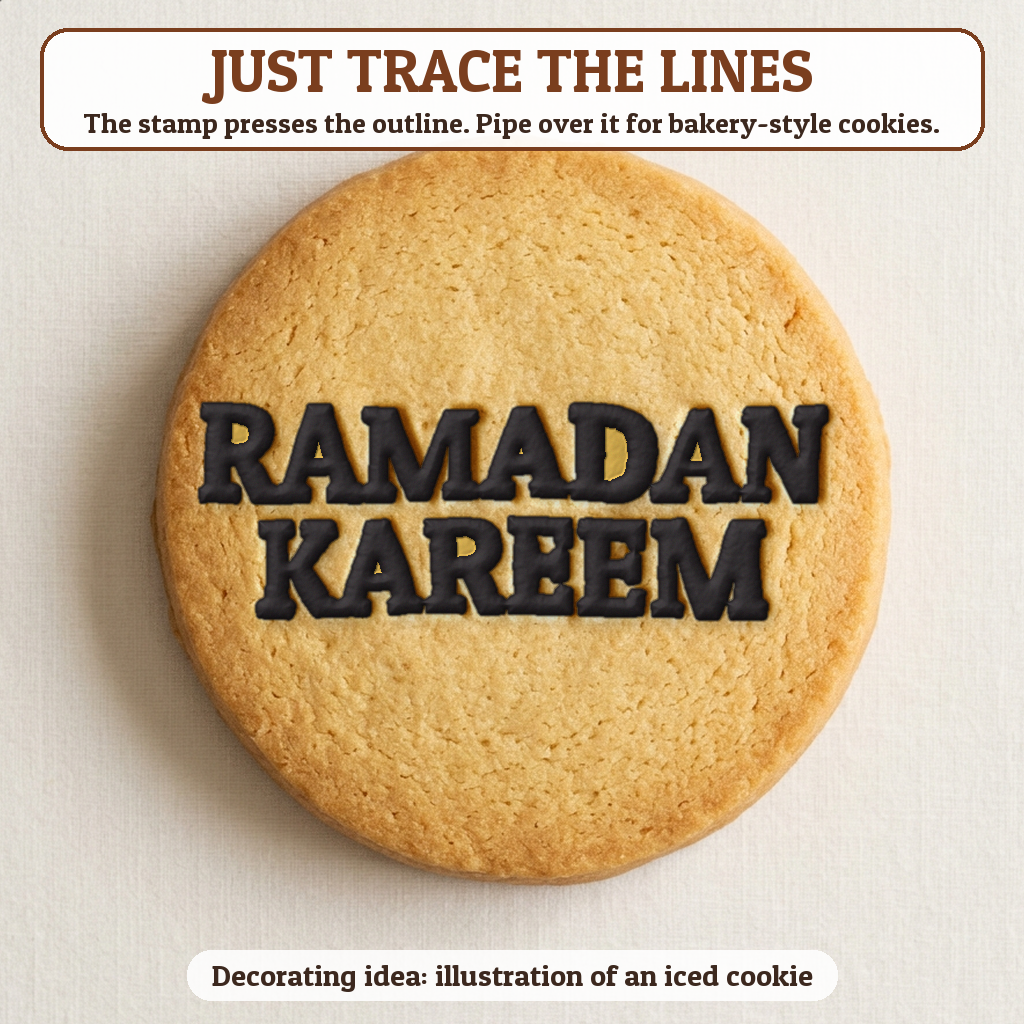 Ramadan Kareem cookie traced with icing, iced decorating idea