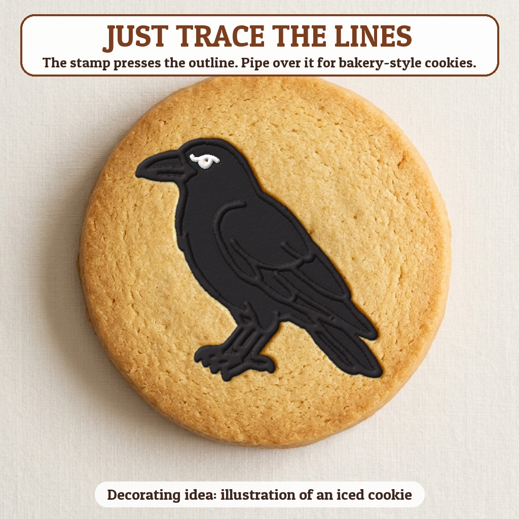 Raven cookie traced with icing, iced decorating idea