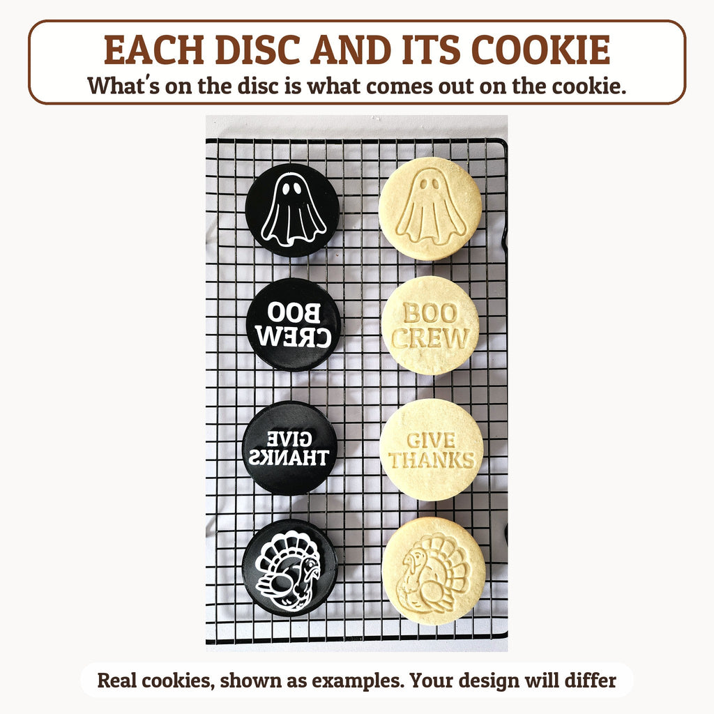 321 Cookie design discs next to the real cookies they stamped