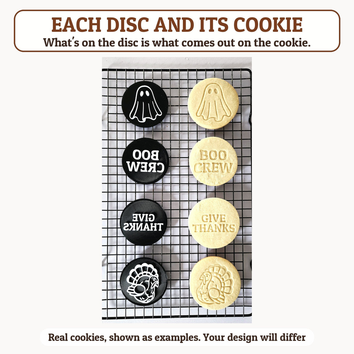 321 Cookie design discs next to the real cookies they stamped