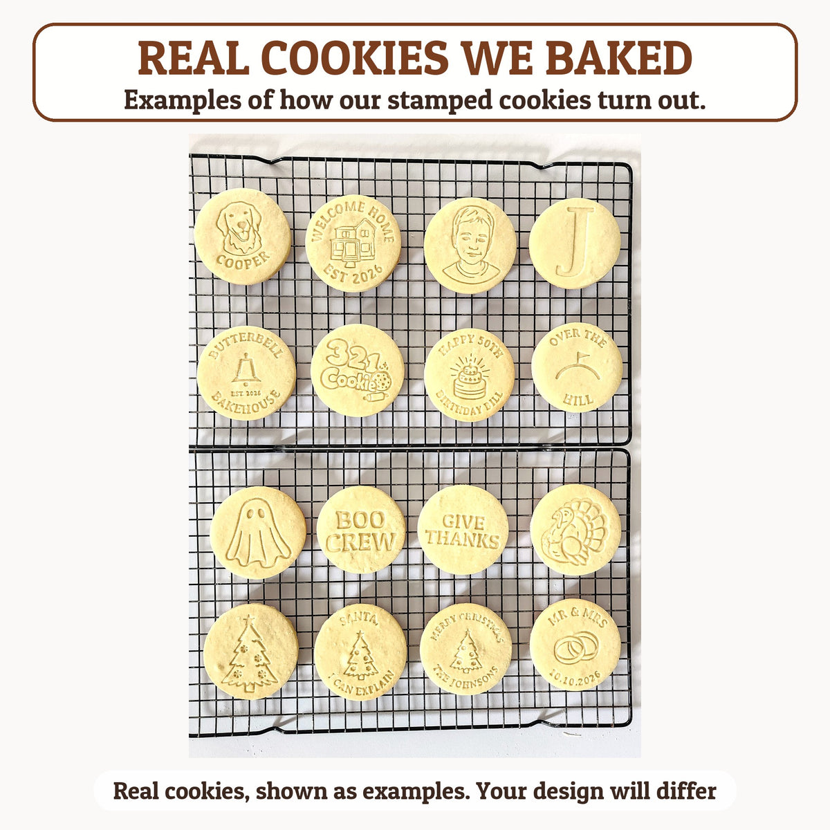 Sixteen baked cookies on cooling racks, each stamped with a different 321 Cookie design, shown as examples