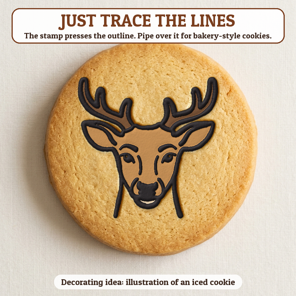 Reindeer cookie traced with icing, iced decorating idea