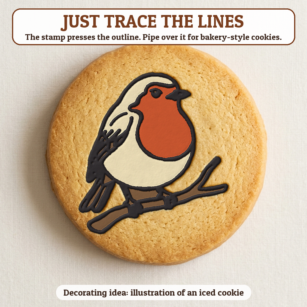 Robin on a Branch cookie traced with icing, iced decorating idea