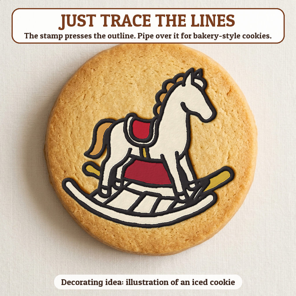 Rocking Horse cookie traced with icing, iced decorating idea