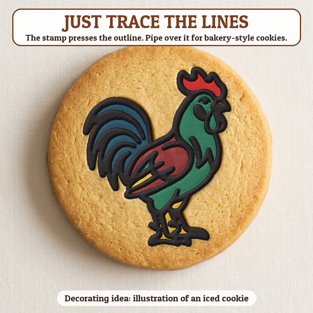 Rooster cookie traced with icing, iced decorating idea