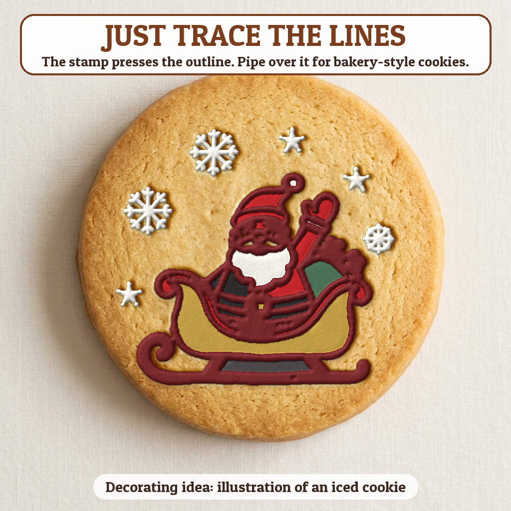 Santa in His Sleigh cookie traced with icing, iced decorating idea