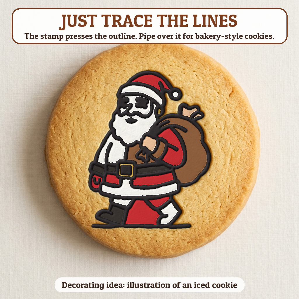 Santa with His Toy Sack cookie traced with icing, iced decorating idea