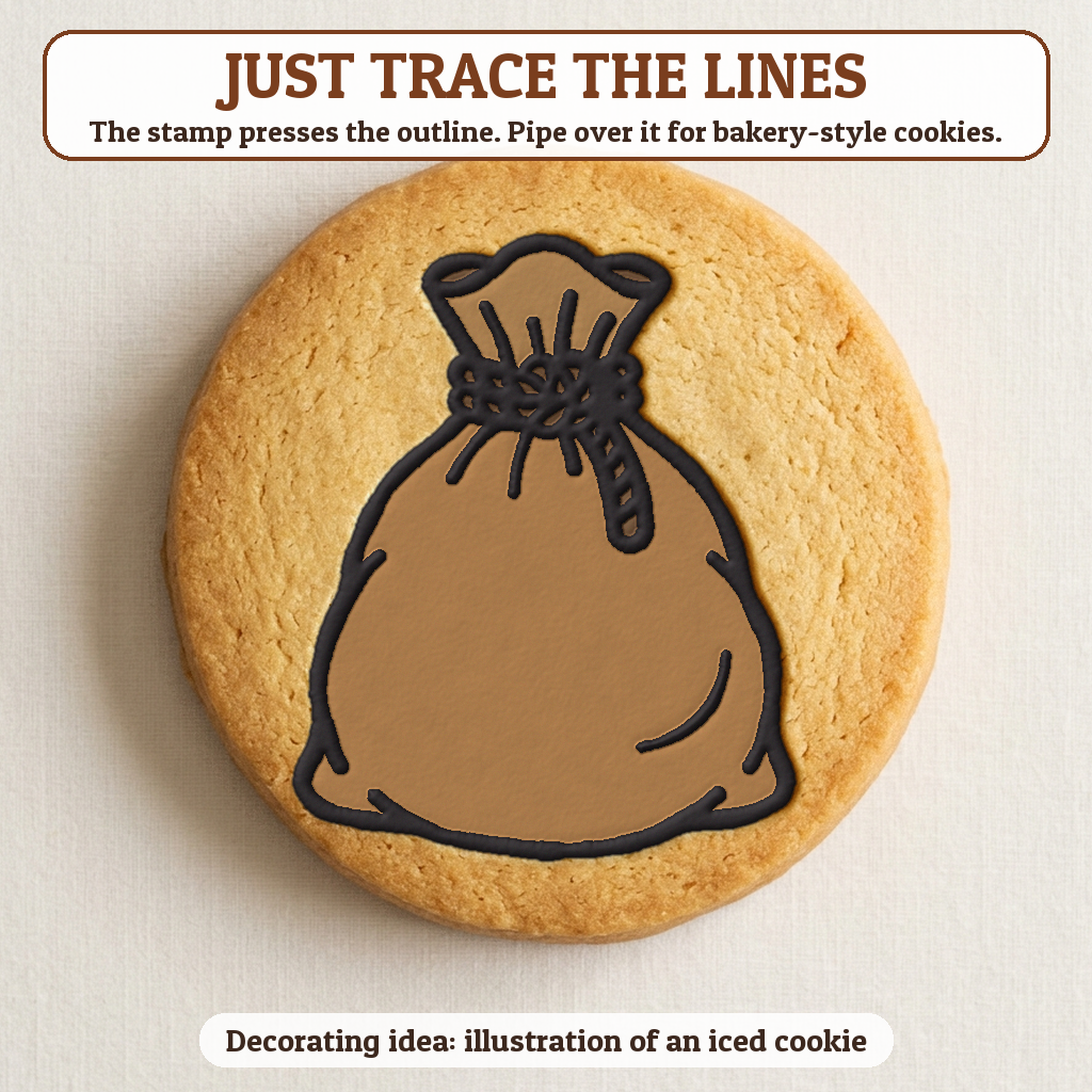 Santa's Toy Sack cookie traced with icing, iced decorating idea