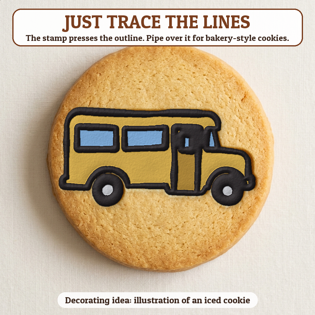 School Bus cookie traced with icing, iced decorating idea