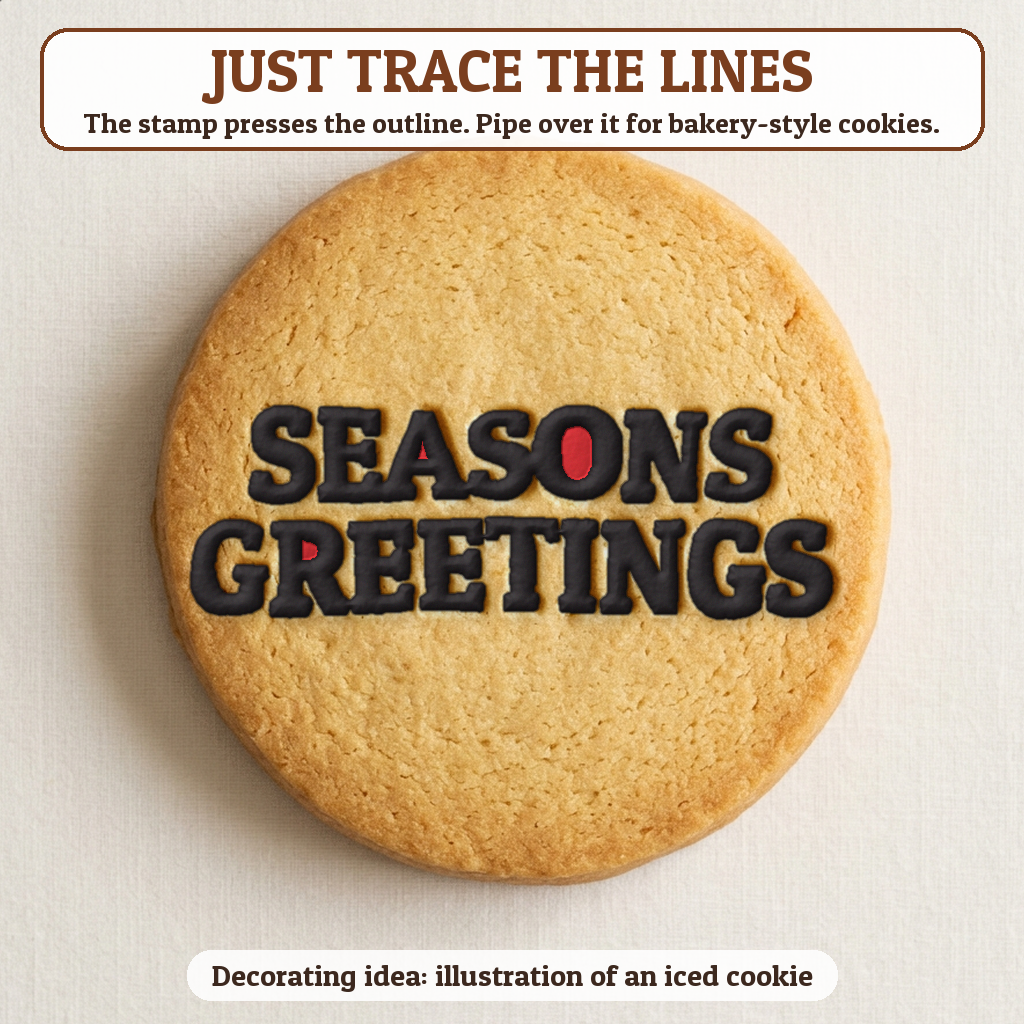 Seasons Greetings cookie traced with icing, iced decorating idea